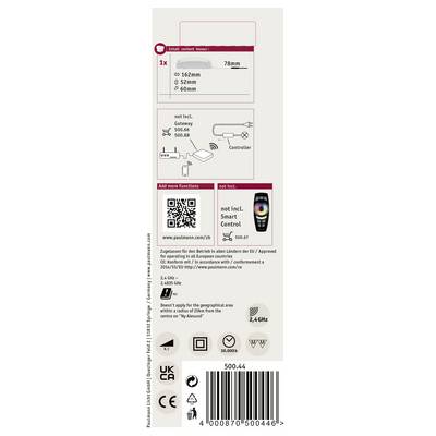 Verpackungsrückseite einer Fernbedienung. Enthält Maße, Symbole für Controller und LED, QR-Code für Anleitung, und Barcode unten.