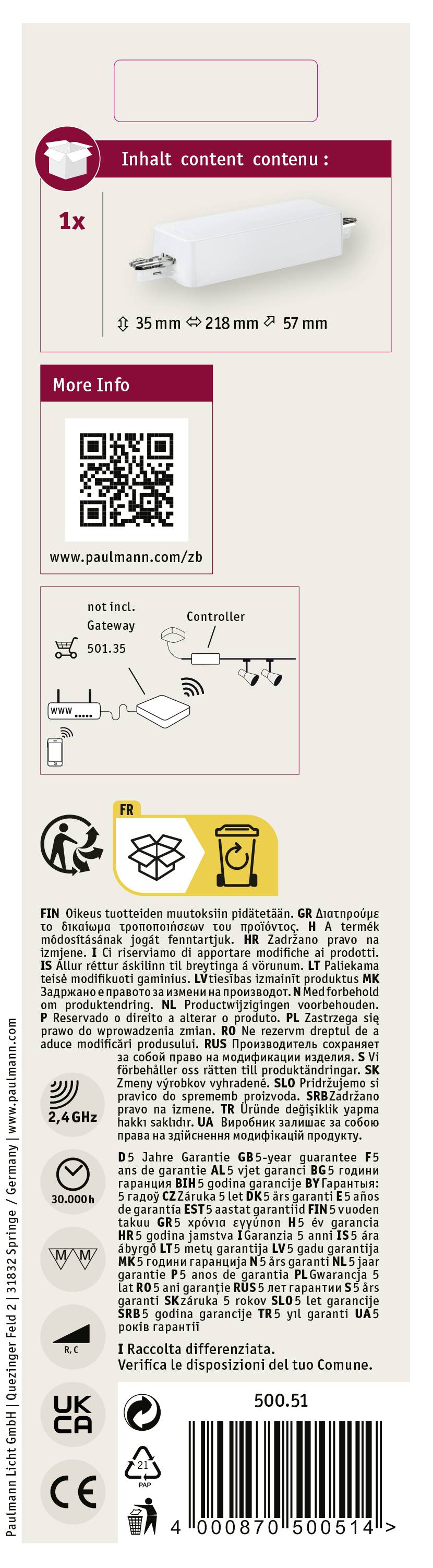 'Verpackung einer LED-Lampe mit technischen Details: 36 mm Durchmesser, 238 mm Länge. Enthält QR-Code für weitere Informationen.'