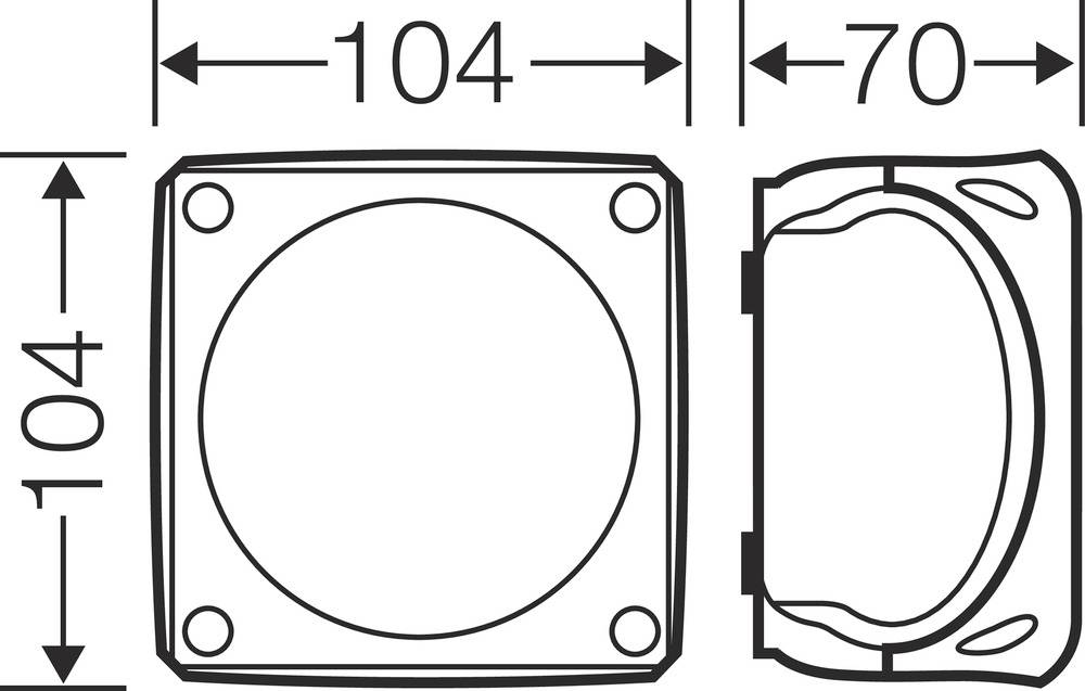 Technische Zeichnung eines quadratischen Bauteils mit den Maßen 104x104 mm und einer Tiefe von 70 mm.