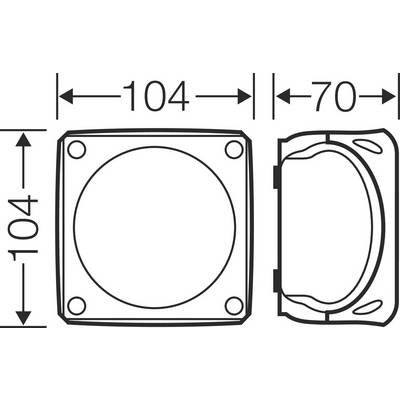 Technische Zeichnung eines quadratischen Bauteils mit den Maßen 104x104 mm und einer Tiefe von 70 mm.