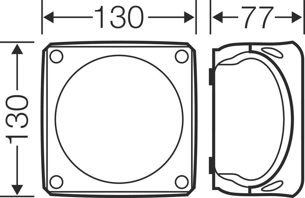 Zeichnung eines quadratischen Geräts mit den Maßen 130x130mm und einer Tiefe von 77mm. Oben sind Befestigungslöcher sichtbar.