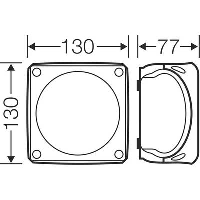 Zeichnung eines quadratischen Geräts mit den Maßen 130x130mm und einer Tiefe von 77mm. Oben sind Befestigungslöcher sichtbar.