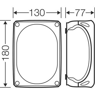Technische Zeichnung eines Gehäuses mit Maßen: 130 mm Breite, 77 mm Tiefe, 180 mm Höhe. Darstellung aus zwei Perspektiven.
