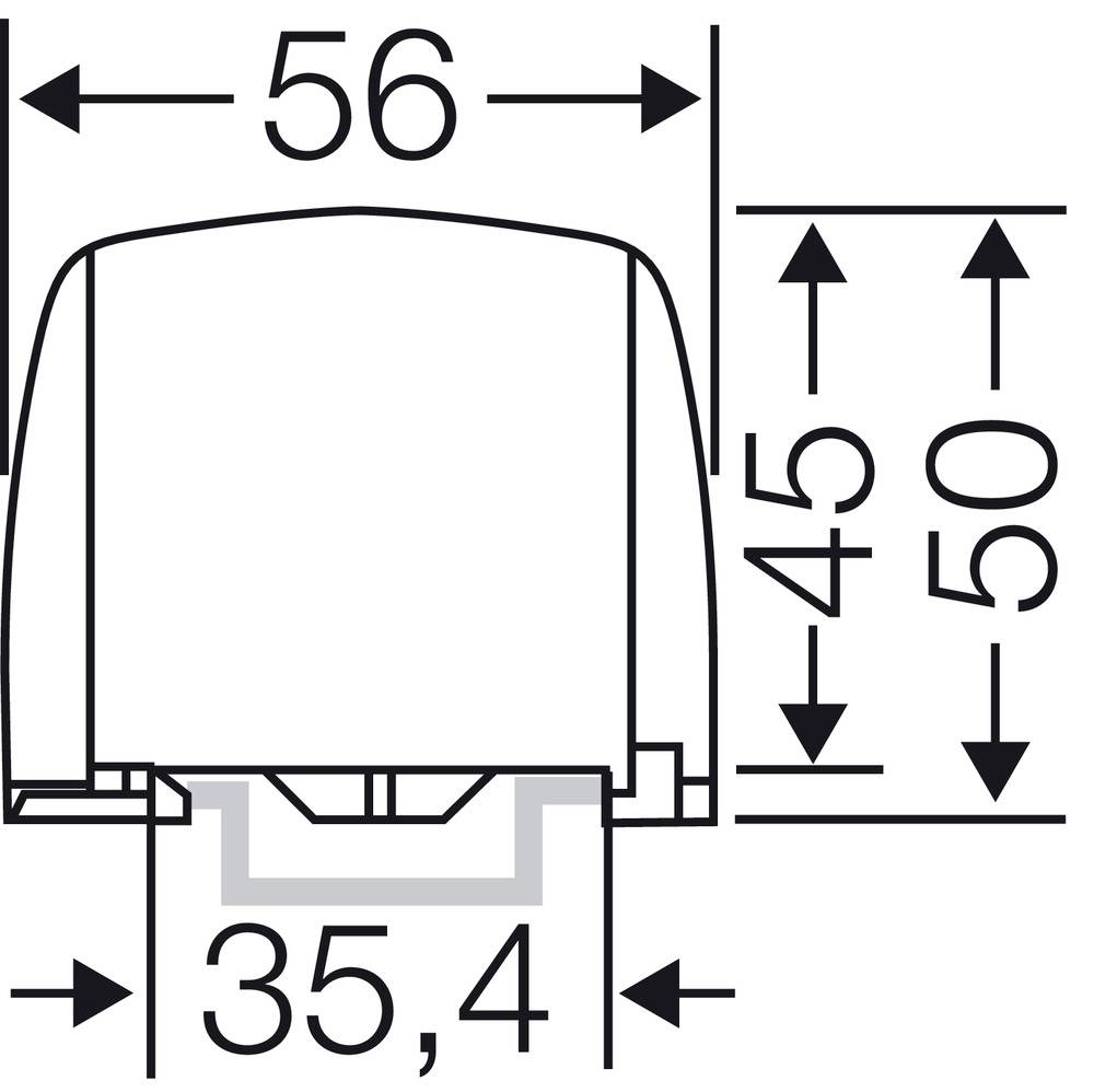 Technische Zeichnung eines rechteckigen Bauteils mit den Maßen: Breite 56 mm, Höhe 45 mm, und Breite an anderer Stelle 35,4 mm.
