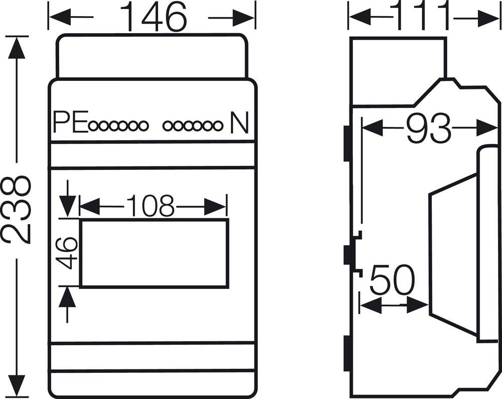 Diagramm eines elektronischen Geräts mit den Maßen 146x238 und 111x93 mm, zeigt Anschlüsse 'PE' und 'N', sowie eine Öffnung von 108x46 mm.