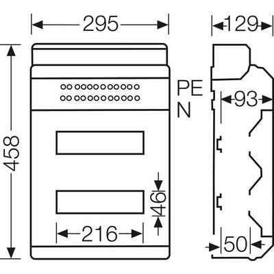 Skizze eines elektrischen Bauteils mit Abmessungen: Breite 295 mm, Höhe 458 mm, Tiefe 129 mm. Seitliche Anschlüsse 'PE' und 'N'.