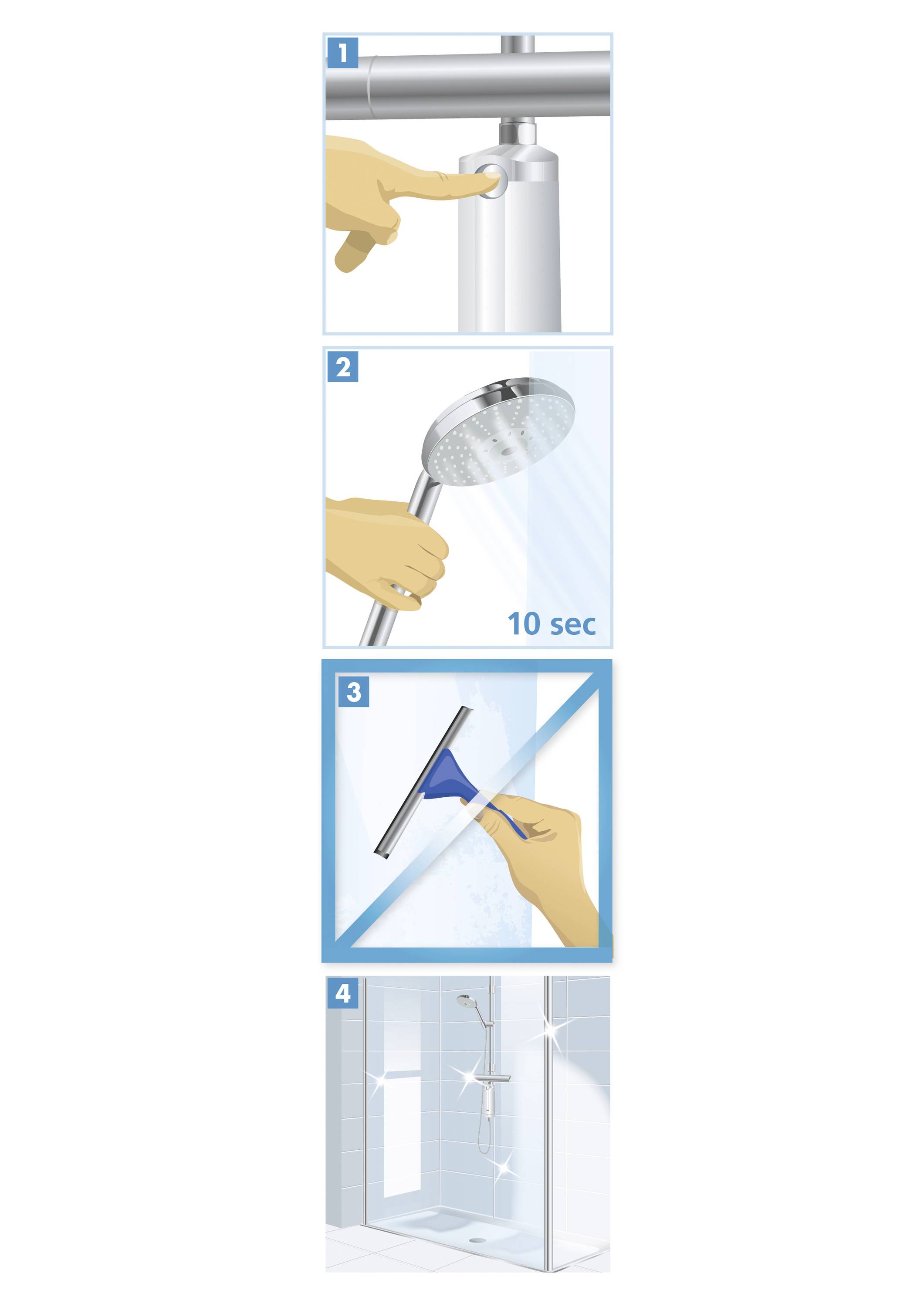 '4-Schritte-Dusch-Wartungsanleitung: 1) Taste am Duschkopf drücken. 2) Wasser 10 Sekunden laufen lassen. 3) Abzieher zum Reinigen der Scheibe verwenden. 4) Duschkabine reinigen.'