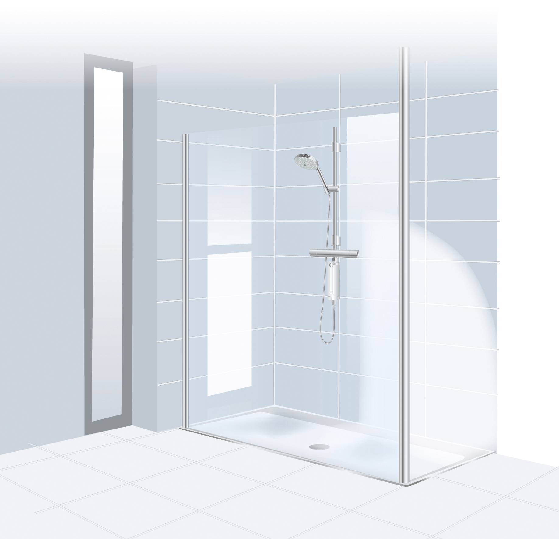 Moderne Duschzone mit klaren Glaswänden, silbernen Armaturen und hellblauen Wandfliesen. Der Boden ist weiß und sorgt für einen klaren, aufgeräumten Eindruck.