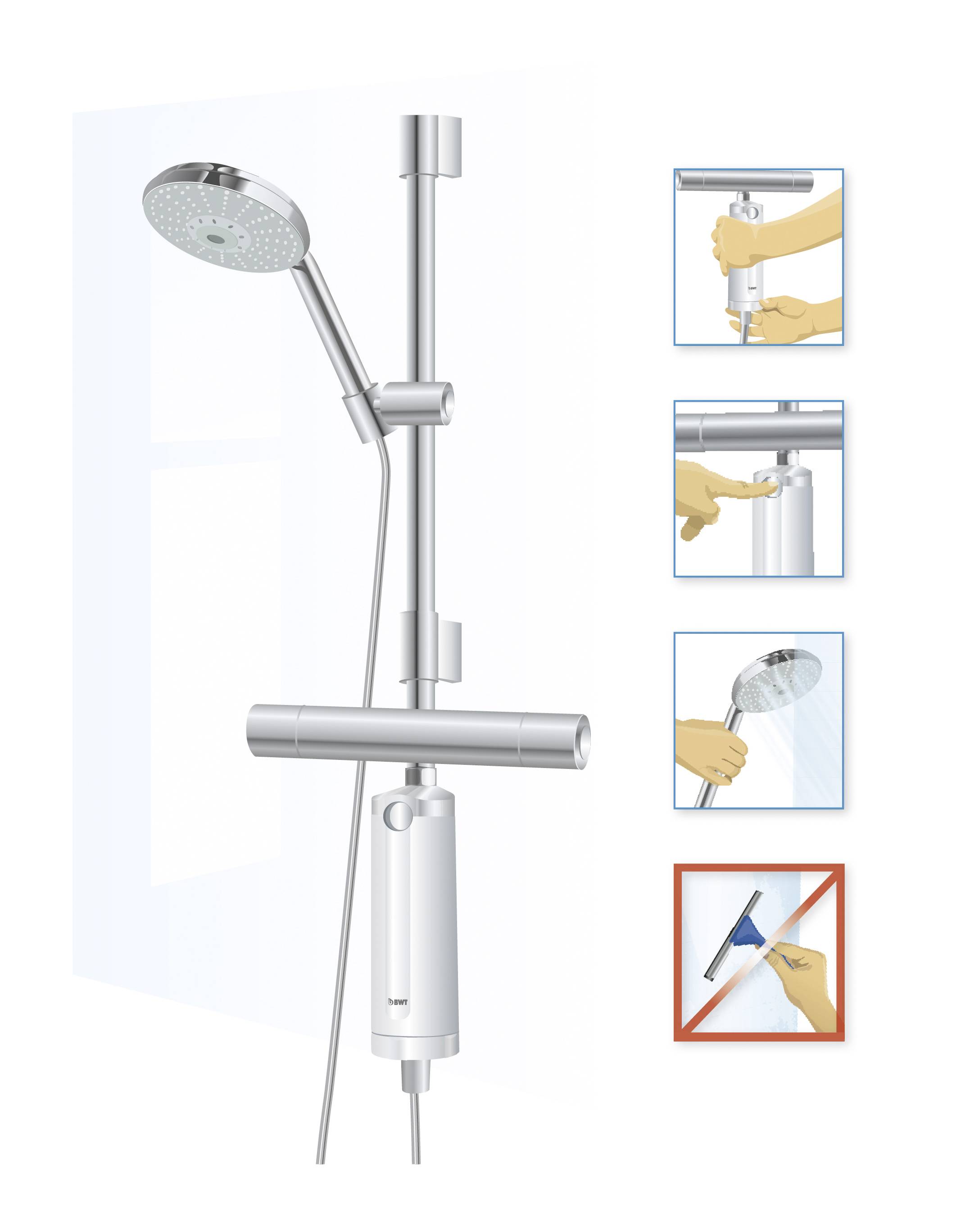 Duschkopf-Einrichtung mit Schritten: 1) Höhe über Schieberstange einstellen, 2) Griff zum Wasserregeln drehen, 3) Duschkopf reinigen. Nicht mit Abzieher verwenden.