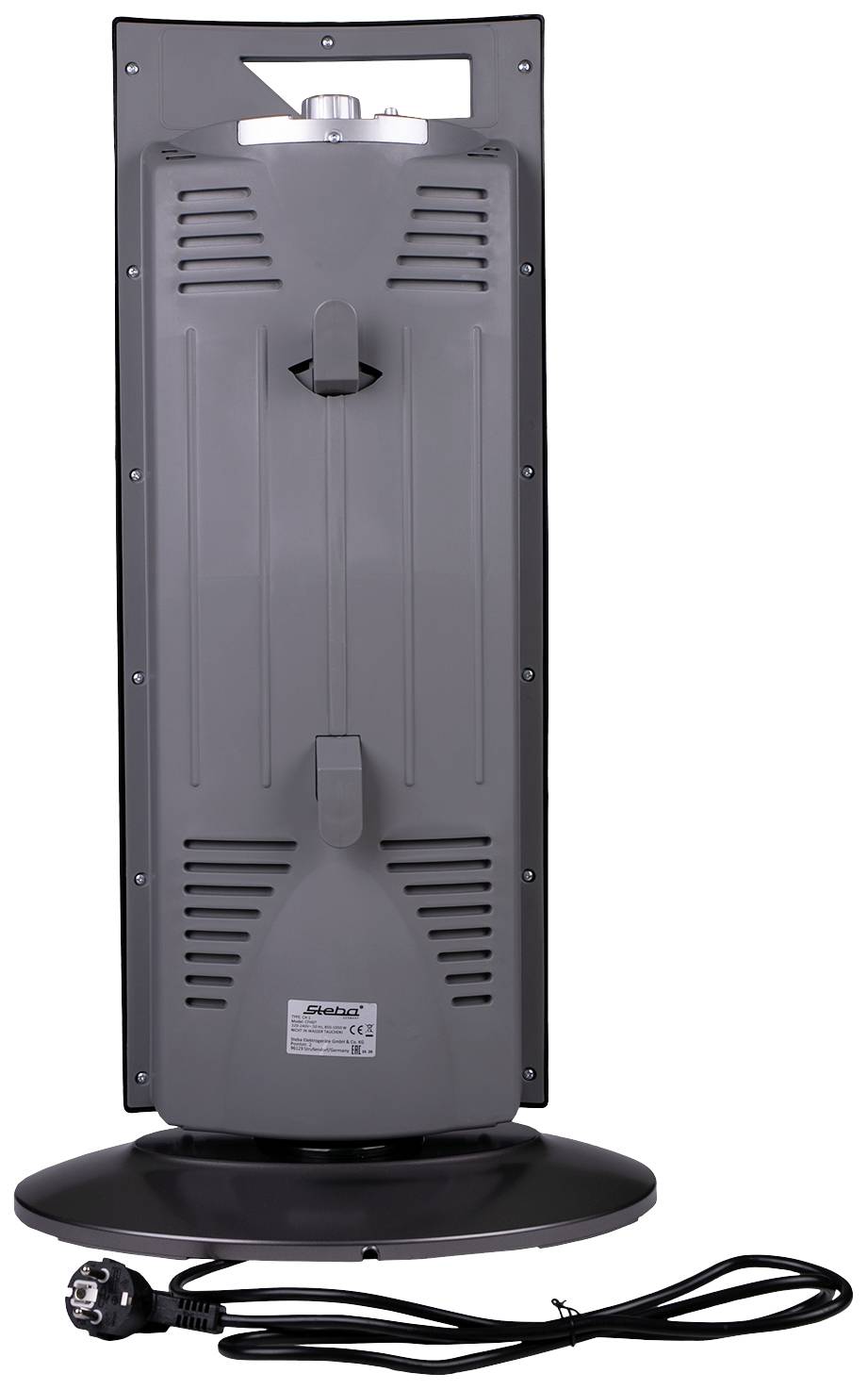 Elektrischer Heizstrahler in vertikaler Position mit schwarzem Standfuß und Netzkabel. Ideal für den Einsatz in Innenräumen.