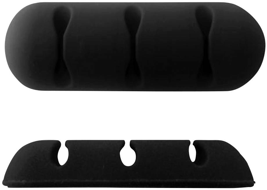 Schwarzer, ovaler Kabelhalter mit drei Aussparungen zur Organisation von Kabeln. Optimiert für Schreibtische und Arbeitsflächen.