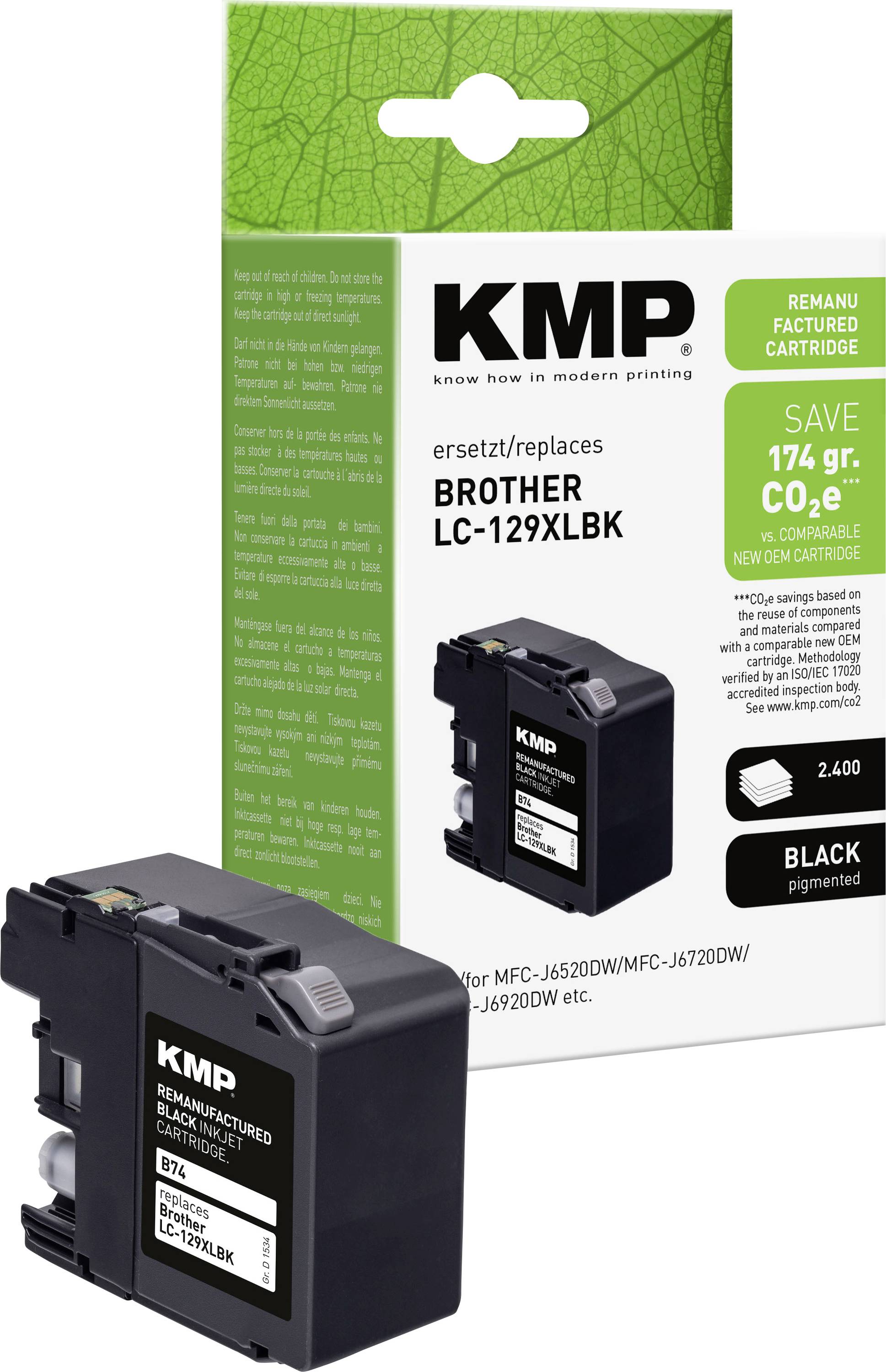 KMP schwarz aufgearbeitete Tintenpatrone für Brother LC-129XLBK, gezeigt mit Produktbox und Patrone, gekennzeichnet als "schwarzes Pigment" und "174 g CO2e sparen".