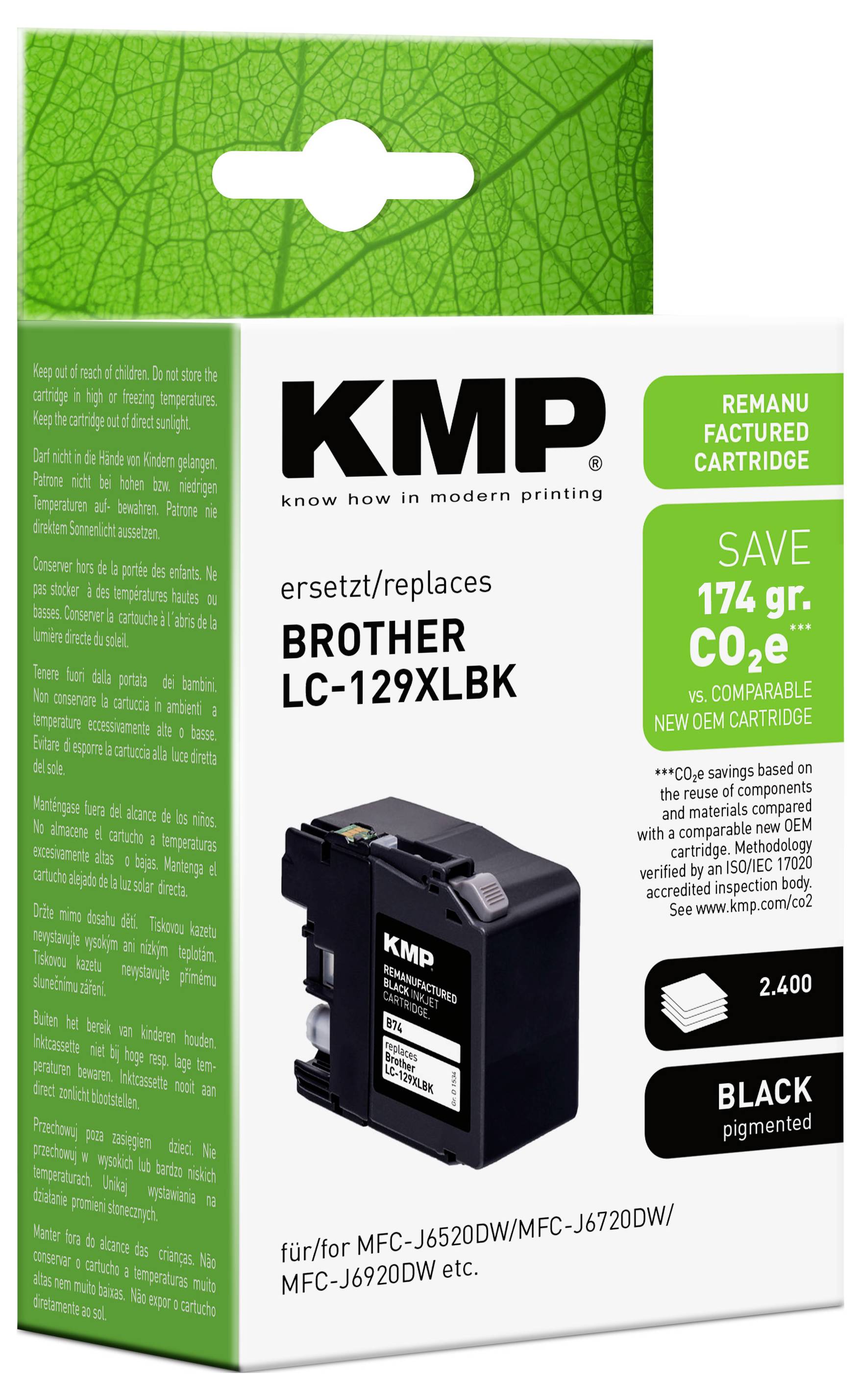 KMP nachgefertigte Brother LC-129XLBK schwarze Pigmenttinthenpatrone Verpackung, zeigt "174 g CO2-e sparen" und Kompatibilität mit Brother-Druckern.