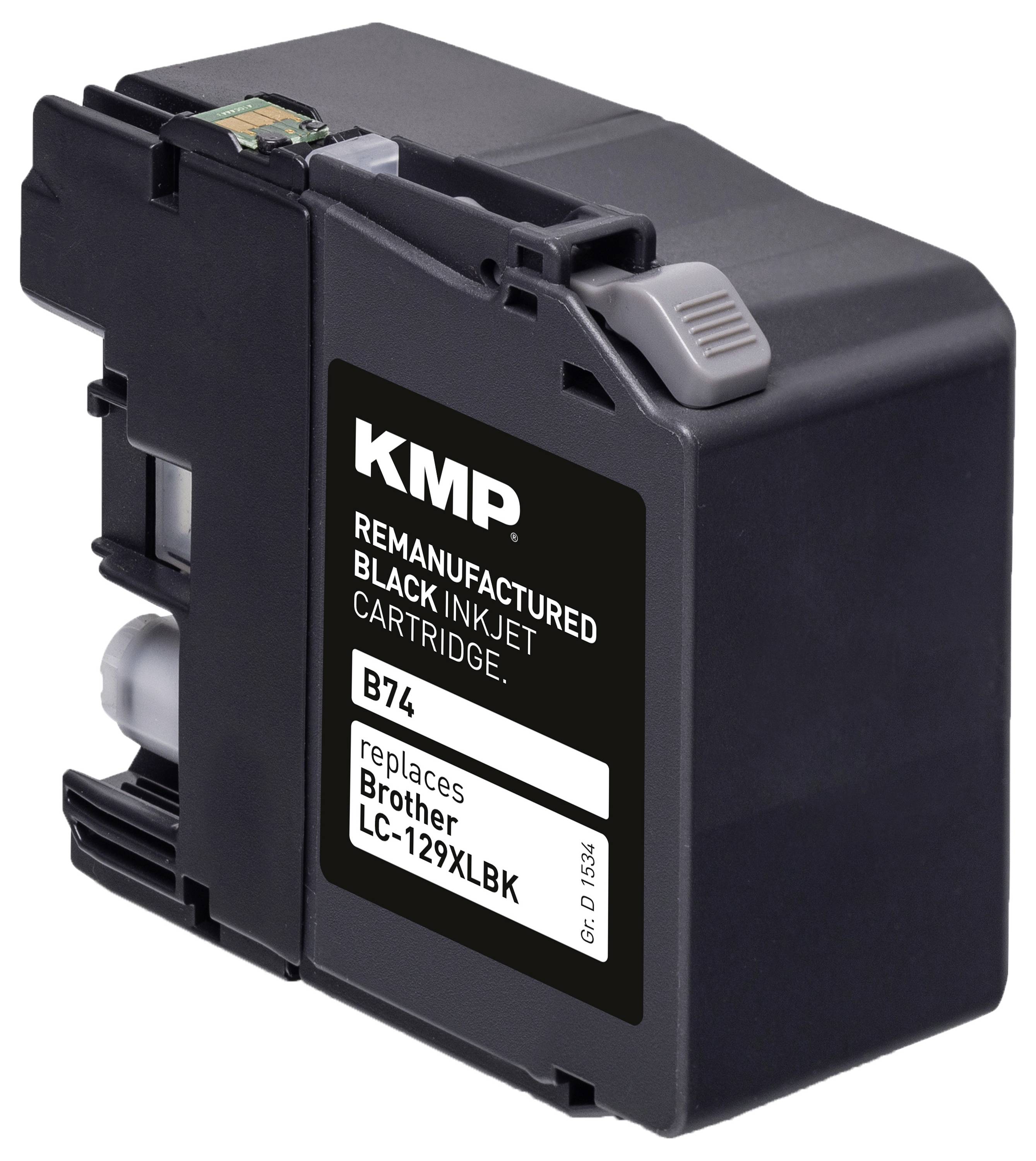 Schwarze nachgefüllte Tintenstrahlpatrone mit Etikett KMP, B74, für Brother LC-129XLBK.