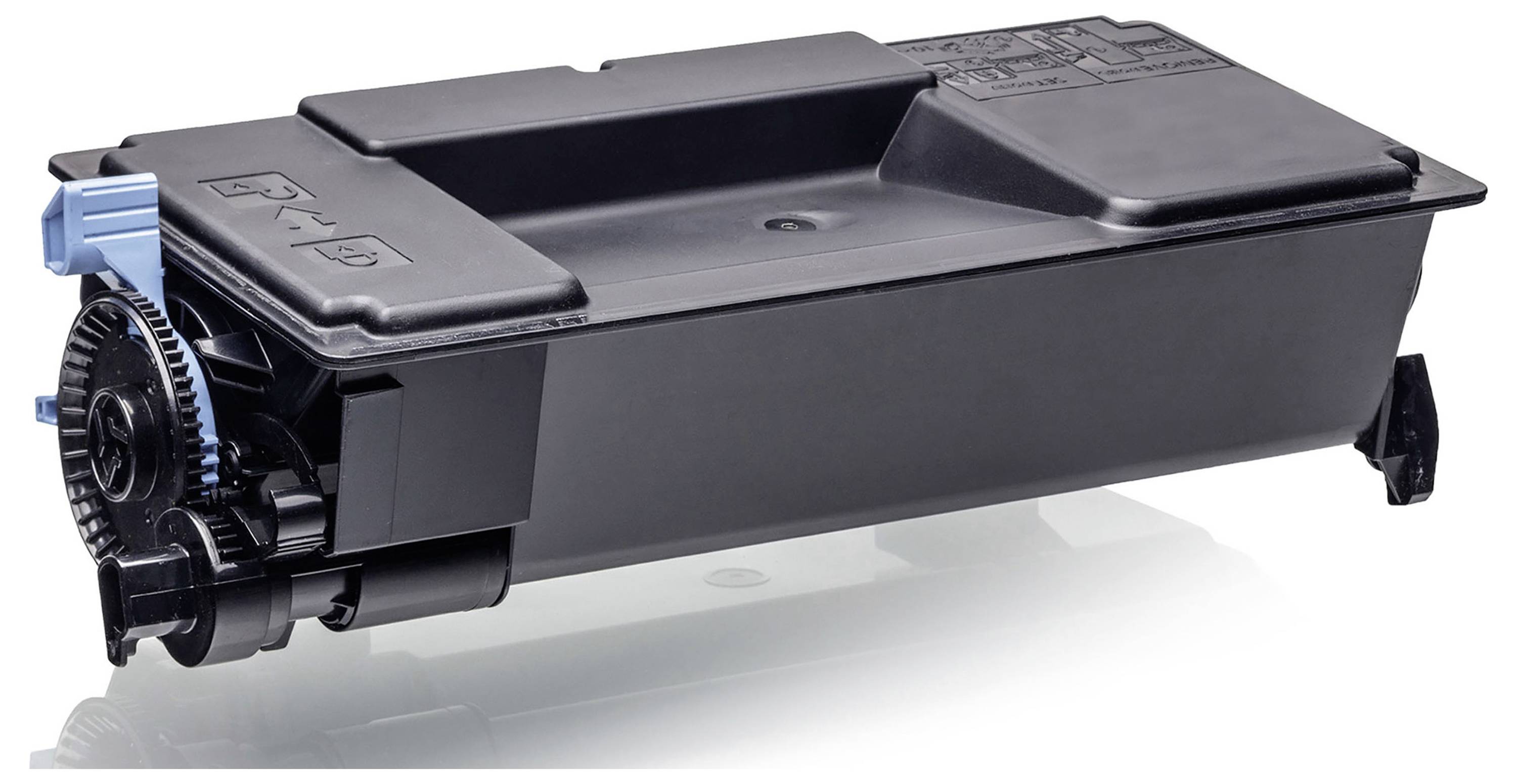 Schwarze Tonerkartusche für einen Laserdrucker, in einer Seitenansicht gezeigt, mit dem sichtbaren Zahnradgetriebe auf weißem Hintergrund.