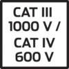'CAT III' und 'CAT IV 600 V' auf schwarzem Hintergrund, vermutlich Klassifikationen oder Kennzeichnungen für elektrische Spannungen.