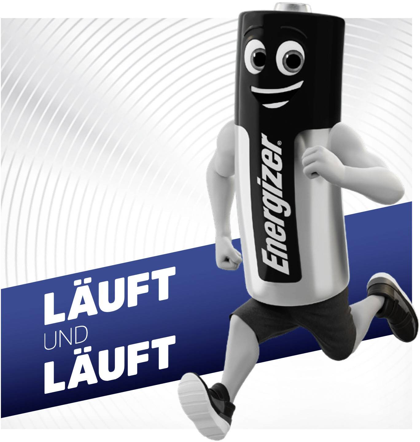 Eine laufende Batterie mit Gesicht und Armen, beschriftet mit 'Energizer', symbolisiert Ausdauer. Text: 'Läuft und läuft' im Hintergrund.