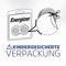 Verpackung von Energizer-Knopfzellen. Text zeigt 'Kindergesicherte Verpackung' mit Bild einer Schere, die die Verpackung öffnet.
