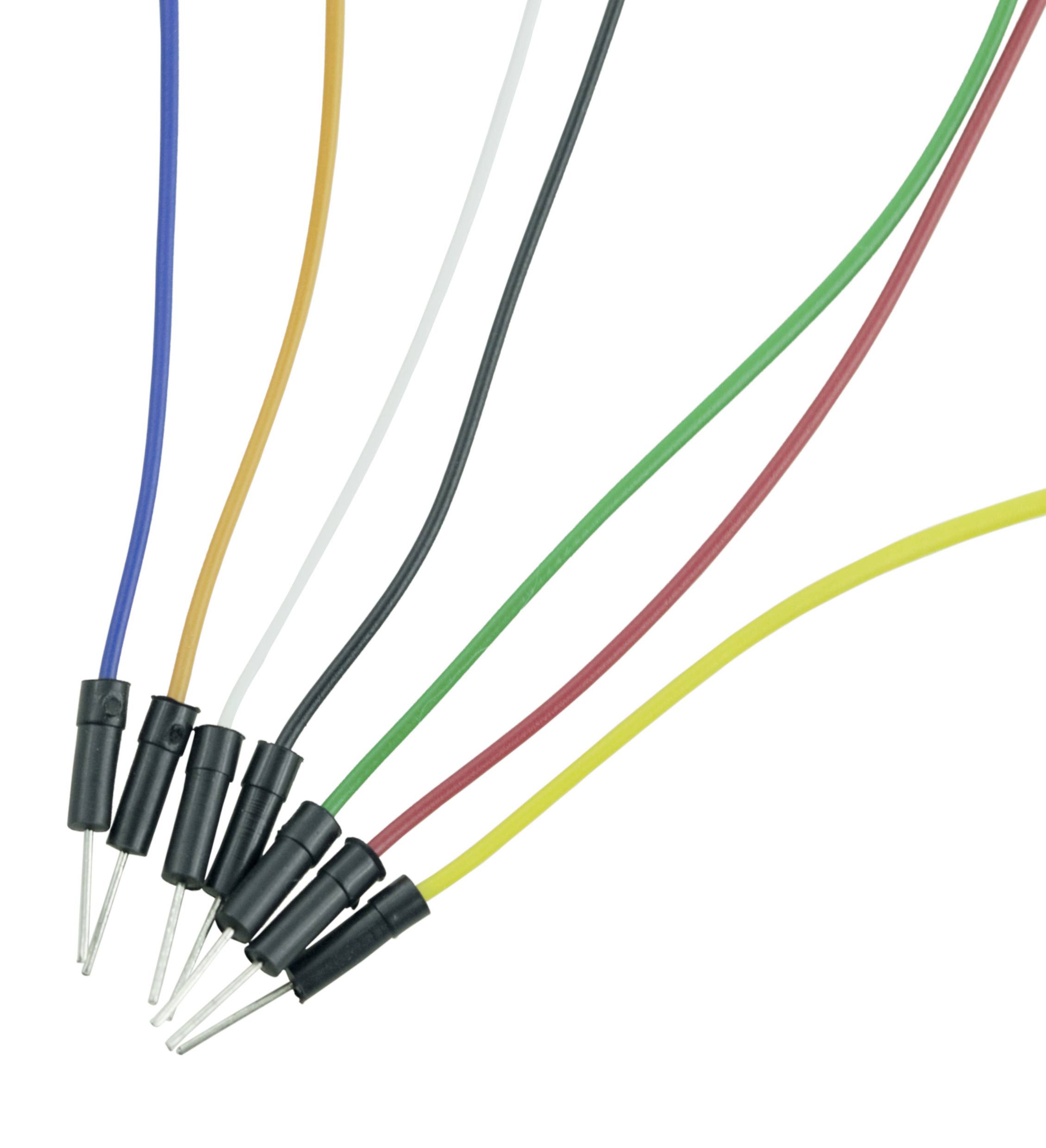 Sechs bunte Drähte liegen nebeneinander auf weißem Hintergrund. Jeder Draht endet in einem Metallstecker.