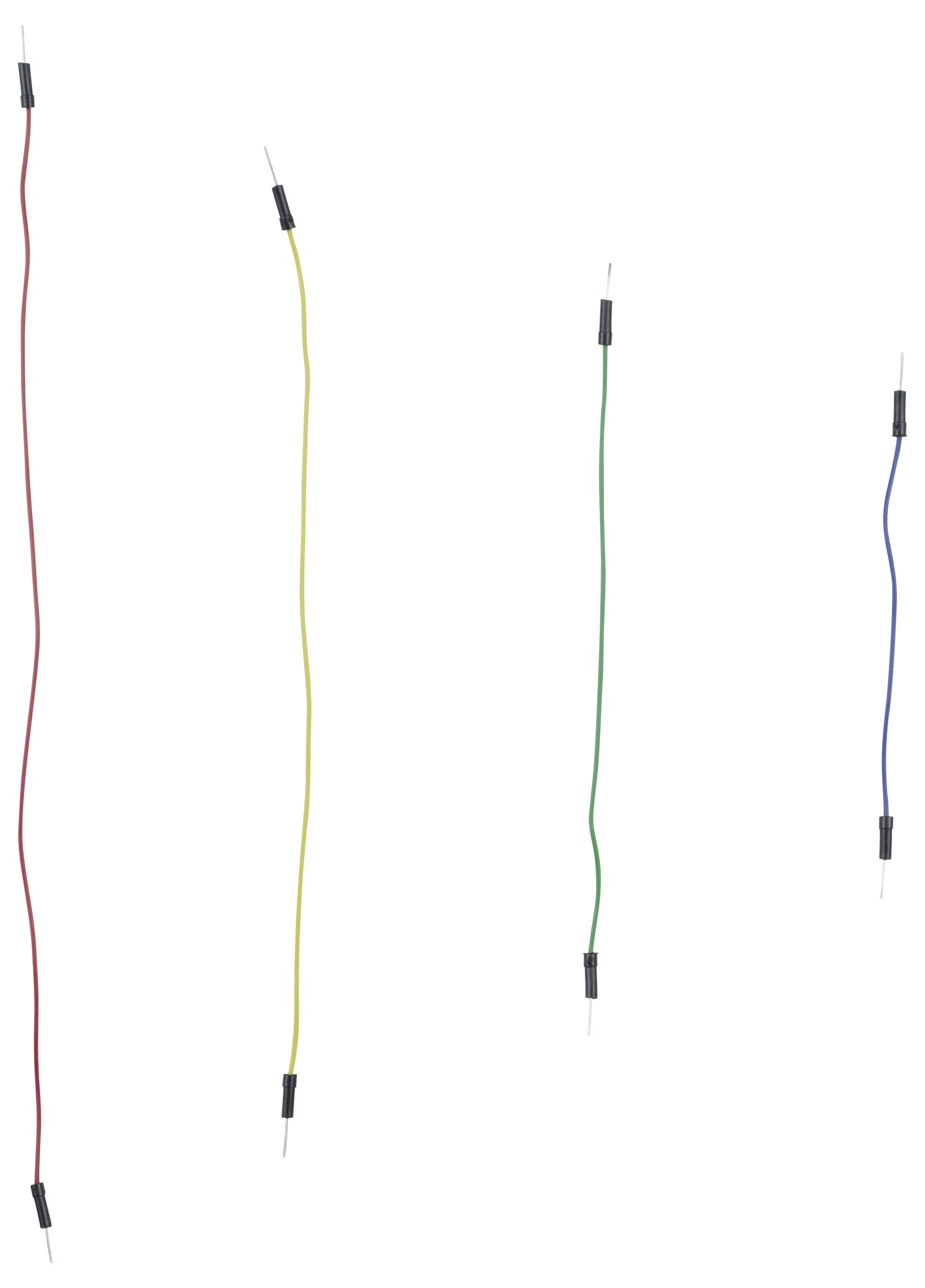 Vier unterschiedlich farbige Jumper-Kabel (rot, gelb, grün, blau) vertikal angeordnet auf weißem Hintergrund.