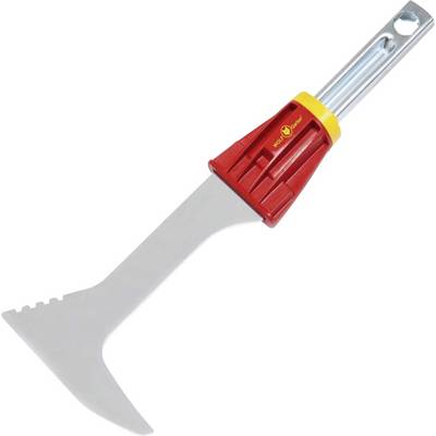 Multifunktionaler Malerwerkzeug mit Metallklinge und rotem Griff, geeignet zum Schaben und Entfernen von Farbe.