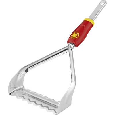 Ein verzinktes Gartengerät mit rotem Griff, geeignet zum Jäten und Lockern von Erde. Perfekt für Gartenarbeiten.