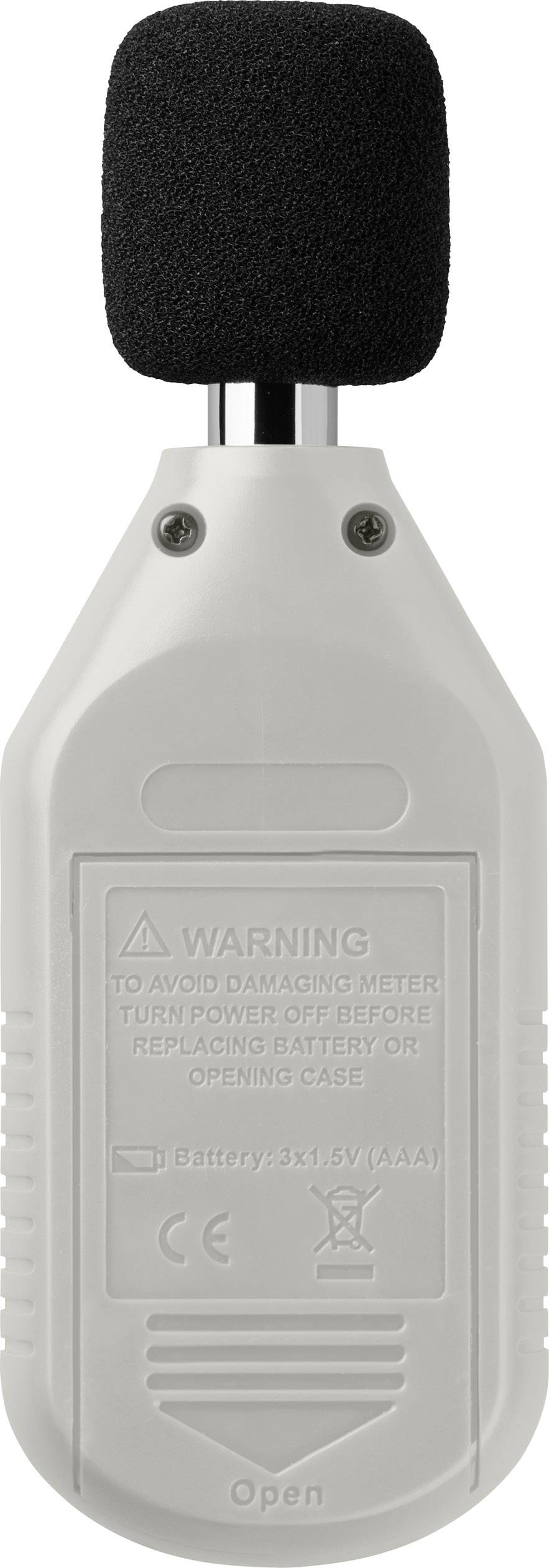 Ein grau-weißes Messgerät mit schwarzem Schaumstoff am oberen Ende. Auf der Rückseite befindet sich ein Warnhinweis und Batteriefach.