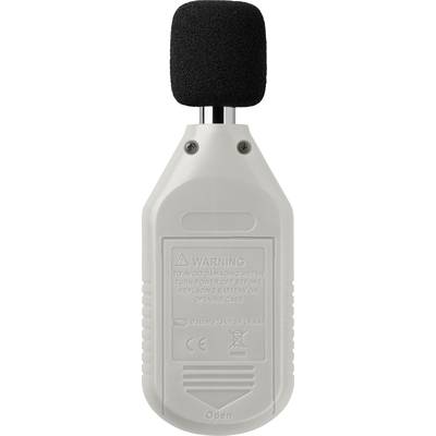 Ein grau-weißes Messgerät mit schwarzem Schaumstoff am oberen Ende. Auf der Rückseite befindet sich ein Warnhinweis und Batteriefach.