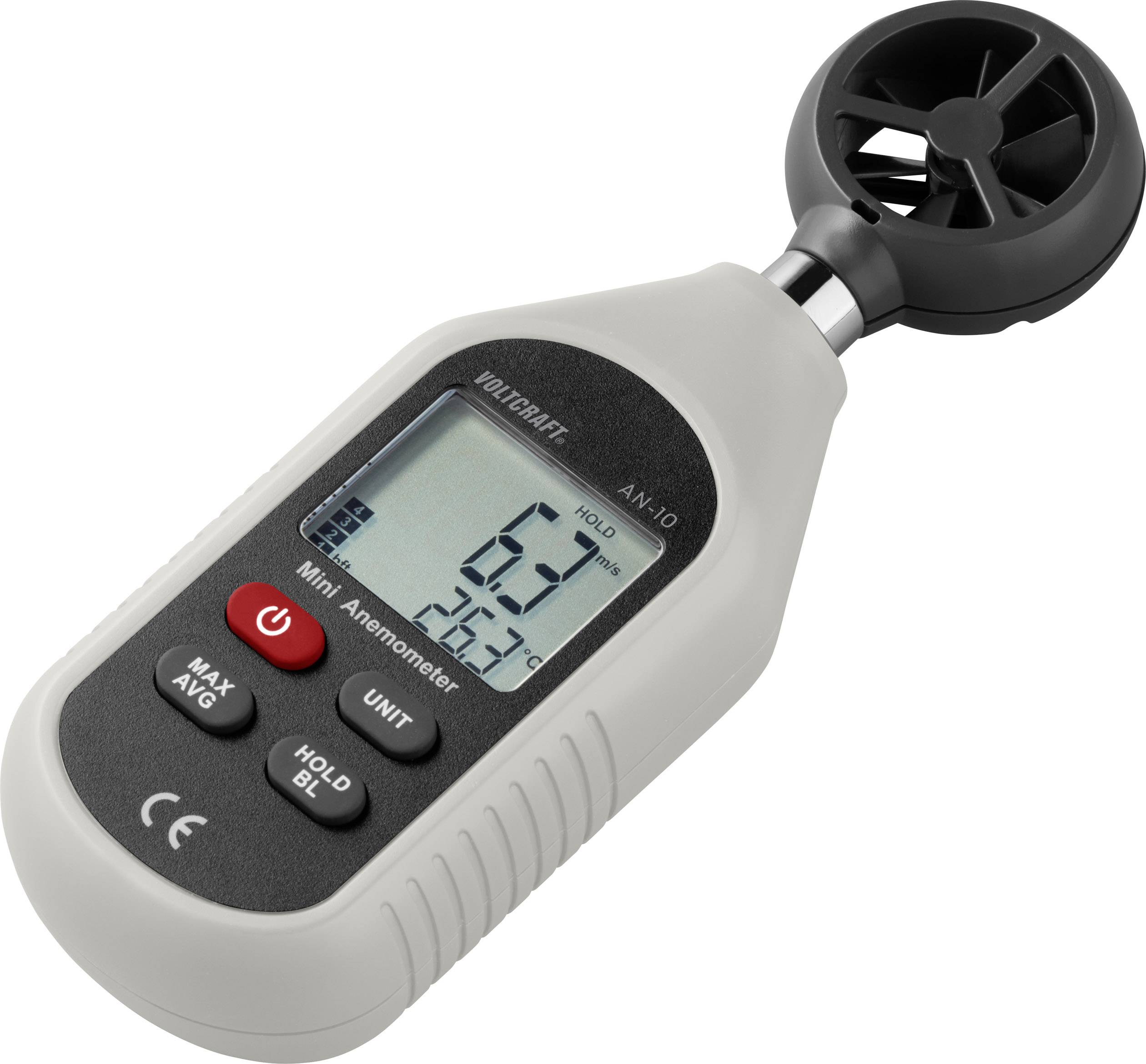 'Mini Anemometer zeigt 6,9 m/s Windgeschwindigkeit und 25,3 °C Temperatur an. Schwarz-weißes Gerät mit Lüfterrad oben.'