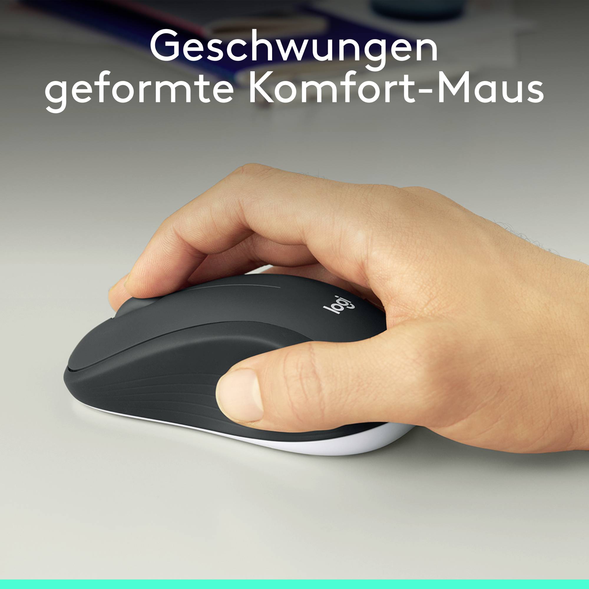 Hand hält ergonomisch geformte, kabellose Computermaus. Text oben: 'Geschwungen geformte Komfort-Maus'.
