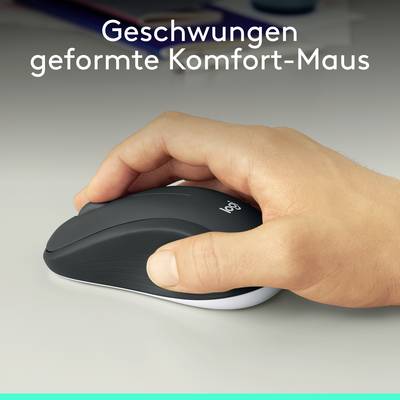 Hand hält ergonomisch geformte, kabellose Computermaus. Text oben: 'Geschwungen geformte Komfort-Maus'.