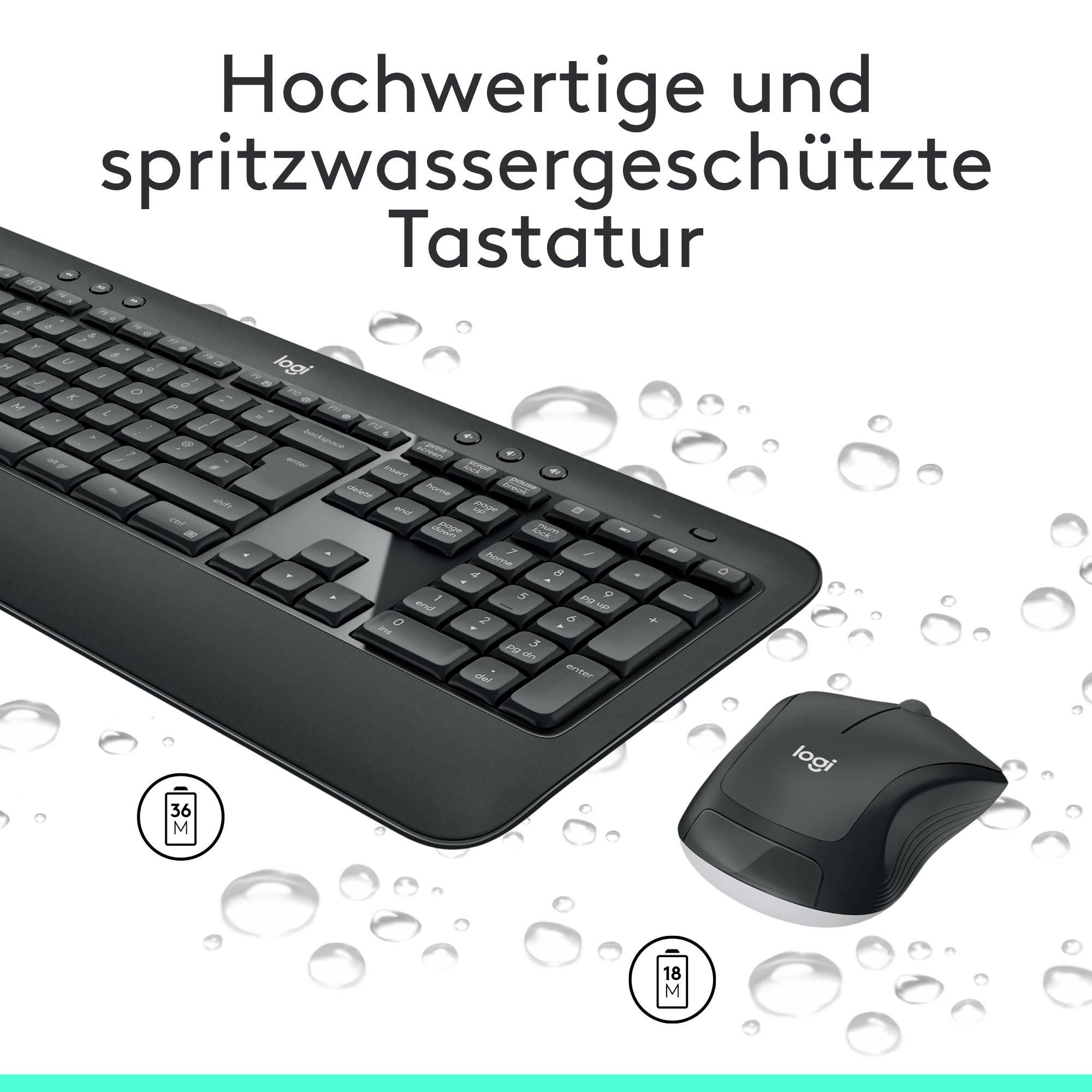 Tastatur und Maus abgebildet. Text: 'Hochwertige und spritzwassergeschützte Tastatur'. Wassertropfen um die Geräte herum.