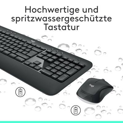 Tastatur und Maus abgebildet. Text: 'Hochwertige und spritzwassergeschützte Tastatur'. Wassertropfen um die Geräte herum.
