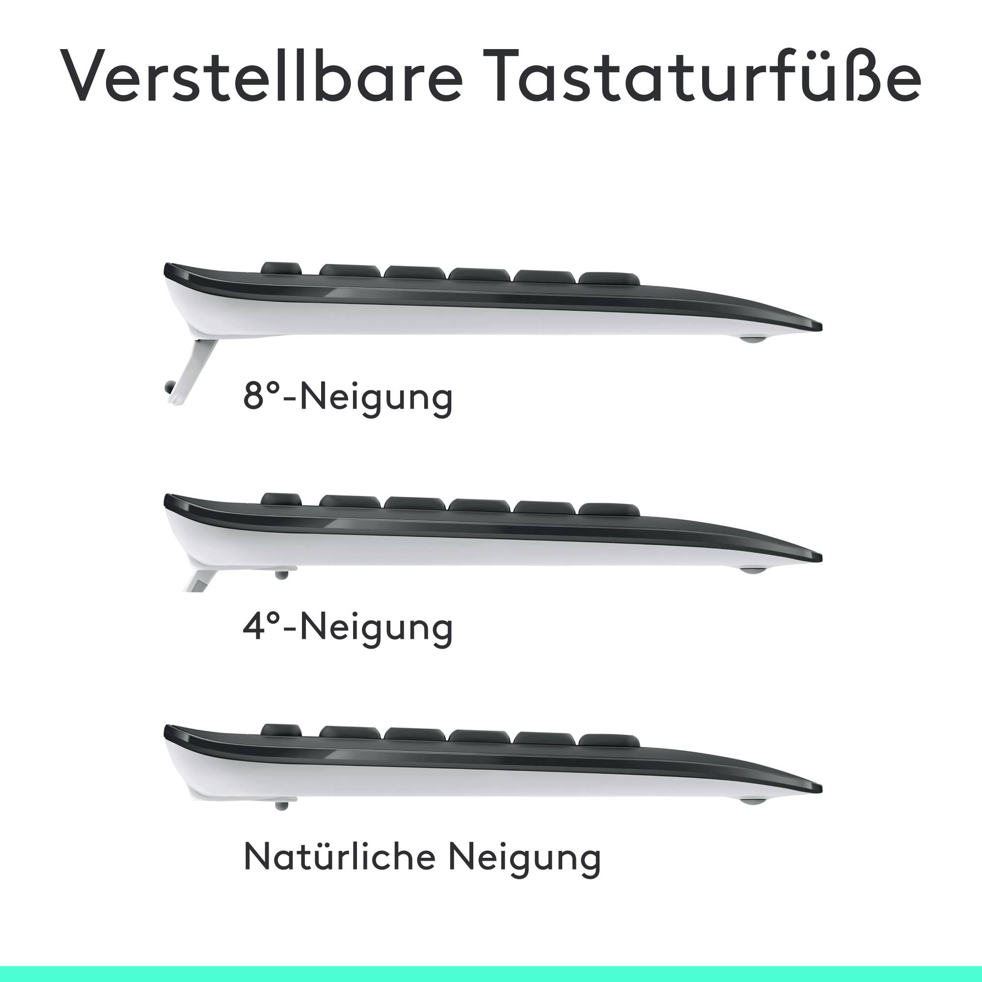 'Drei seitliche Ansichten einer Tastatur mit unterschiedlichen Neigungen: 8°-, 4°-Neigung und natürliche Neigung.'