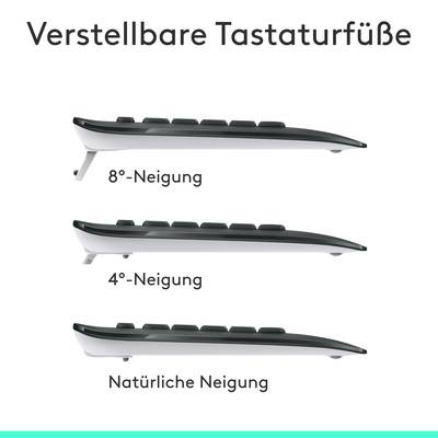'Drei seitliche Ansichten einer Tastatur mit unterschiedlichen Neigungen: 8°-, 4°-Neigung und natürliche Neigung.'