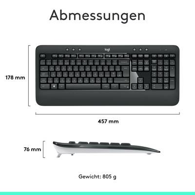 Die Abbildung zeigt eine schwarze Leertaste von Logitech. Maße: 178 mm hoch, 457 mm breit, 76 mm tief. Gewicht: 805 g.