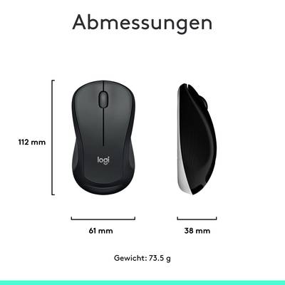 'Abmessungen einer kabellosen Maus: Länge 112 mm, Breite 61 mm, Höhe 38 mm, Gewicht 73,5 g.'