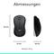 'Abmessungen einer kabellosen Maus: Länge 112 mm, Breite 61 mm, Höhe 38 mm, Gewicht 73,5 g.'