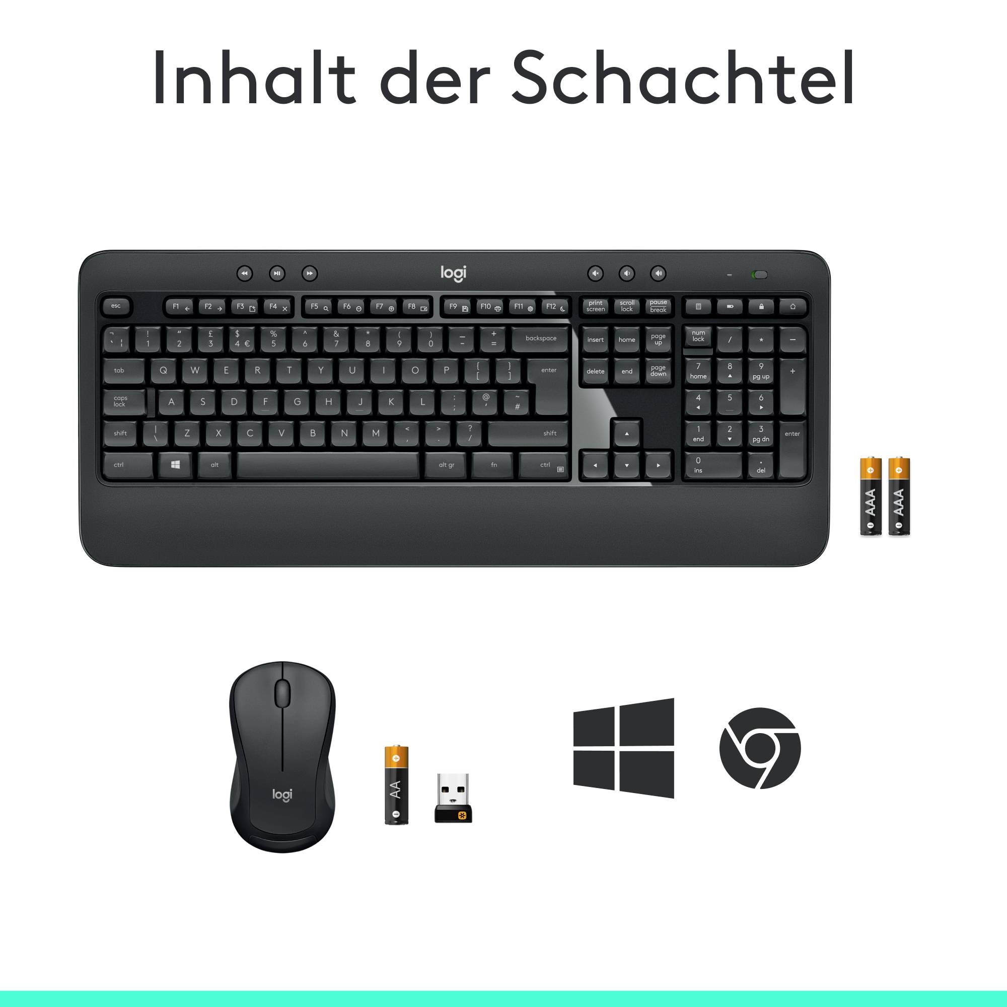 'Inhalt der Schachtel': Eine Tastatur, eine Maus, ein USB-Empfänger und zwei AAA-Batterien. Unterstützt Windows und Chrome.