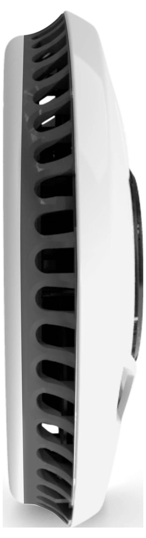 Seitenansicht einer Spielkonsole in vertikaler Ausrichtung mit elegantem weißem Gehäuse, schwarzen Lüftungsschlitzen zur Kühlung und Disc-Laufwerkschlitz.