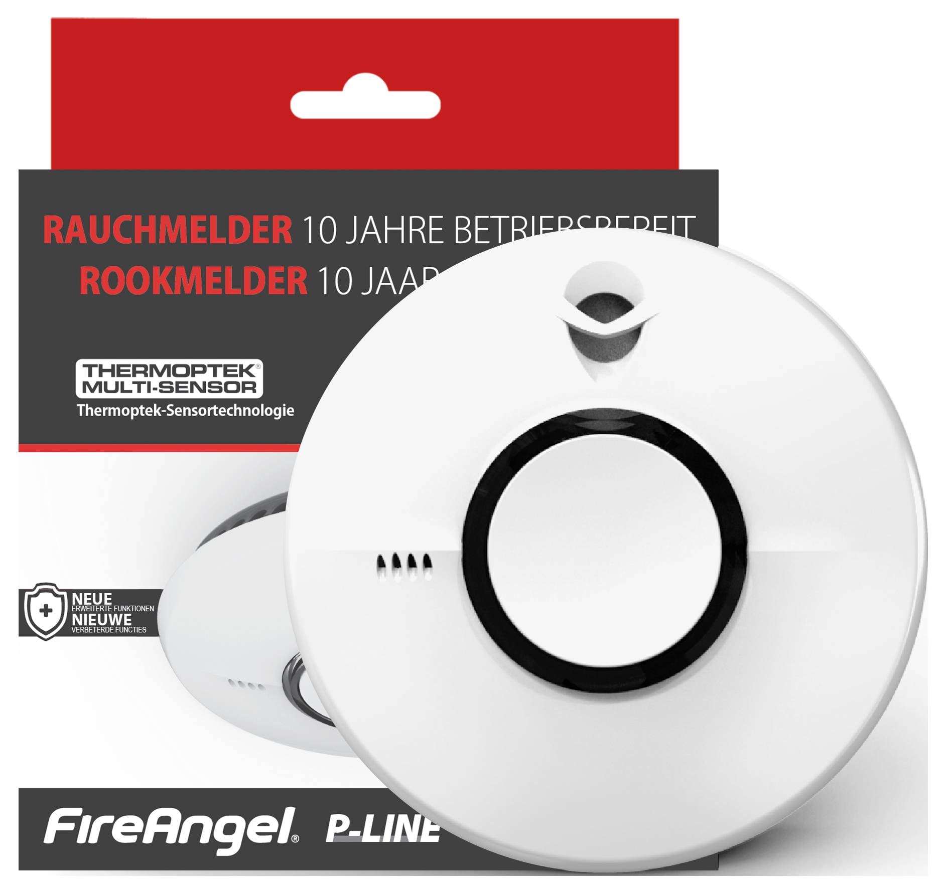 Ein weißer FireAngel Rauchmelder mit Thermoptek-Sensortechnologie in einer Verpackung, die auf Deutsch und Niederländisch "10 Jahre Betrieb" anzeigt.