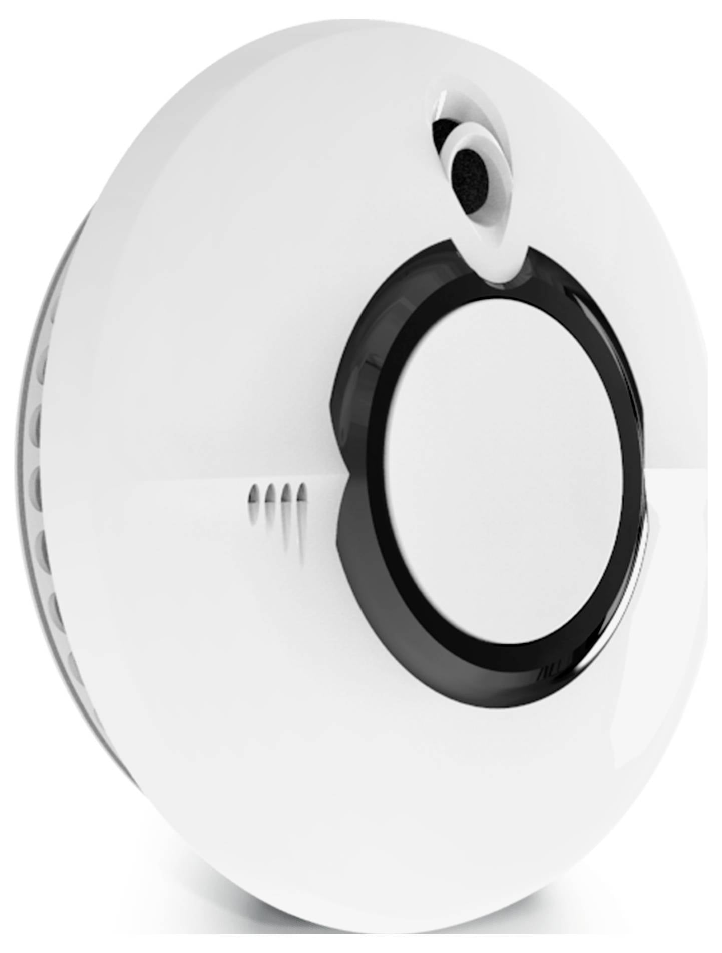 Ein runder Rauchmelder in Weiß mit zentralem schwarzen Ring, an der Decke montiert. Er dient zur Erkennung von Rauch und zur Warnung bei Feuer.
