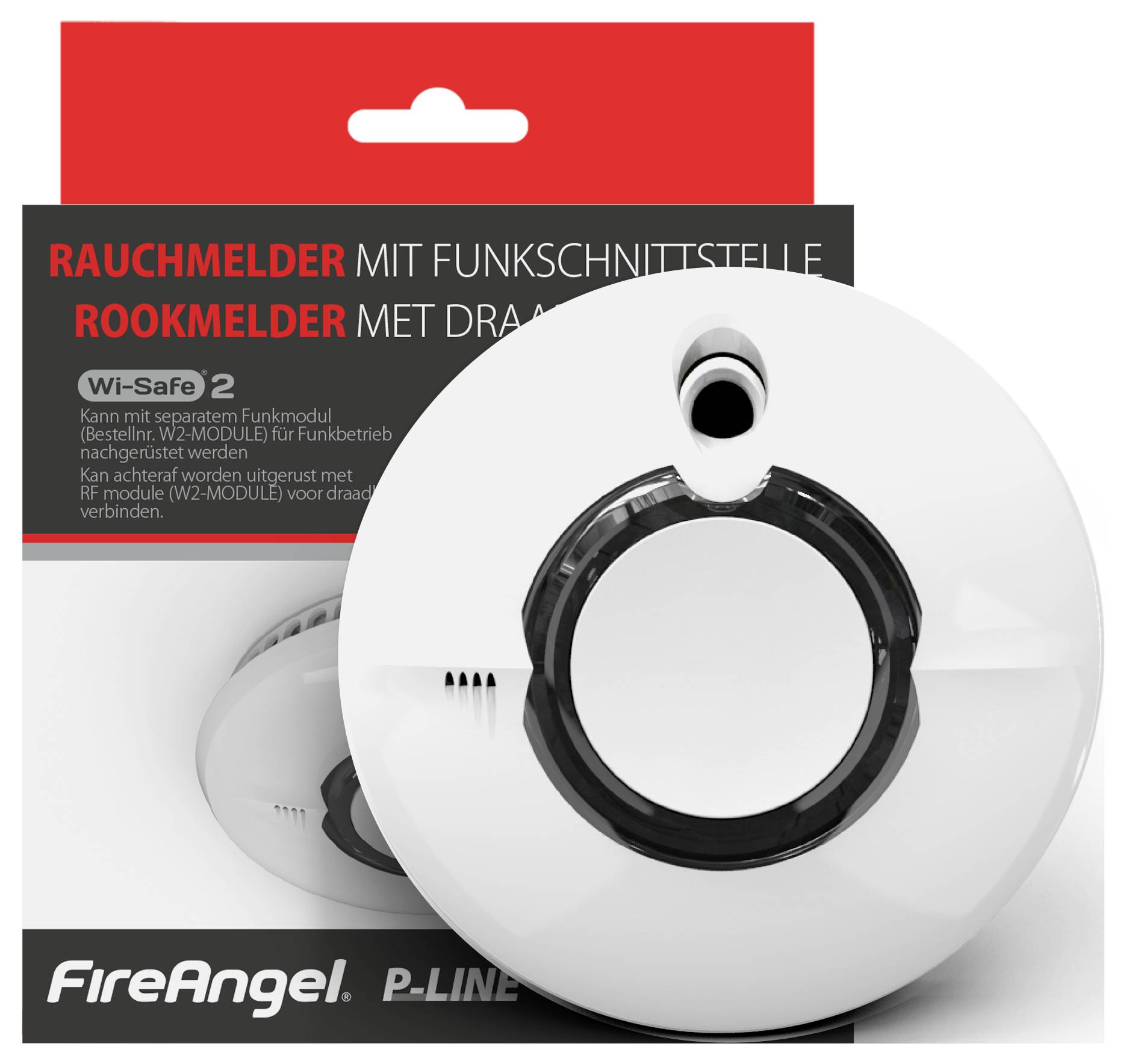 Ein Rauchmelder mit Funkschnittstelle in einer Verpackung mit der Aufschrift 'Wi-Safe 2'. Markenname 'FireAngel'.