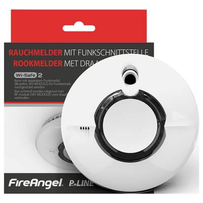 Ein Rauchmelder mit Funkschnittstelle in einer Verpackung mit der Aufschrift 'Wi-Safe 2'. Markenname 'FireAngel'.