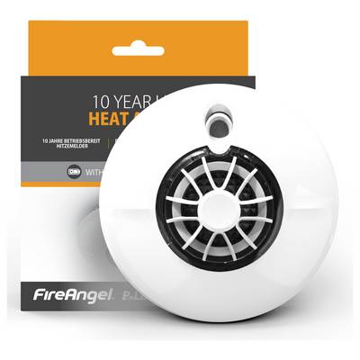 Hitzemelder vor Verpackung. Verpackungstext: '10 Jahre' und 'Hitzemelder'. Produkt der Marke FireAngel.