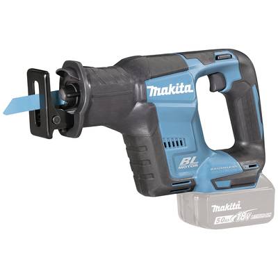 Akku-Säbelsäge von Makita, Modell BL Motor, in Blau und Schwarz, mit einem blauen Sägeblatt, ohne eingesetzten Akku.