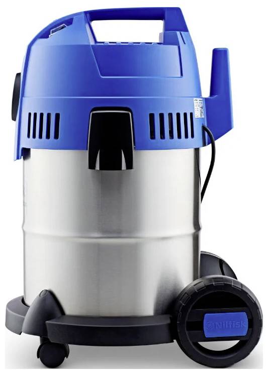 Ein blauer und silberner Industriestaubsauger mit Rädern und einem Griff, konzipiert für schwere Reinigungsaufgaben.