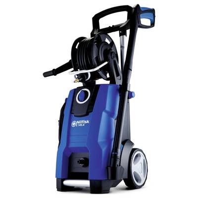 Hochdruckreiniger in Blau und Schwarz, mit Schlauchtrommel und Griffen, auf zwei Rädern montiert.