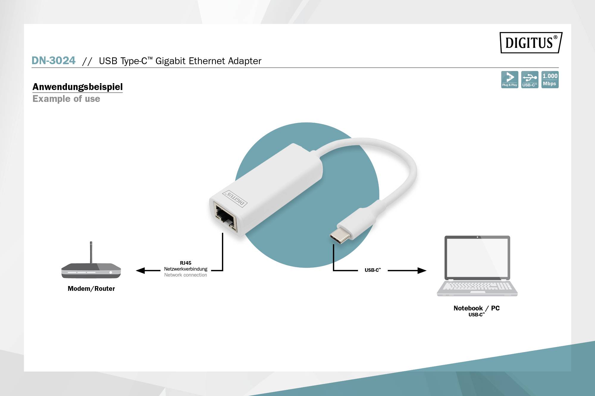 'Diagramm eines USB Type-C Gigabit Ethernet Adapters. Es zeigt die Verbindung vom Modem/Router über den Adapter zu Notebook/PC.'