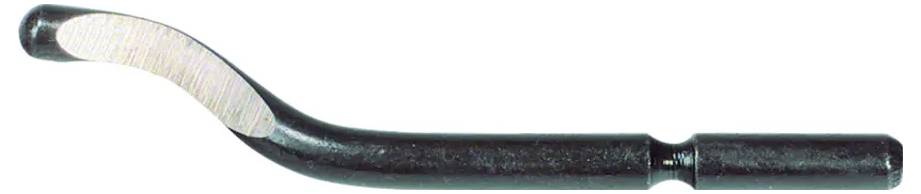 Ein Entgratungswerkzeug mit einem gebogenen, klingenähnlichen Ende, das zum Glätten von Kanten und Entfernen von Graten von Metall- oder Kunststoffoberflächen entwickelt wurde.